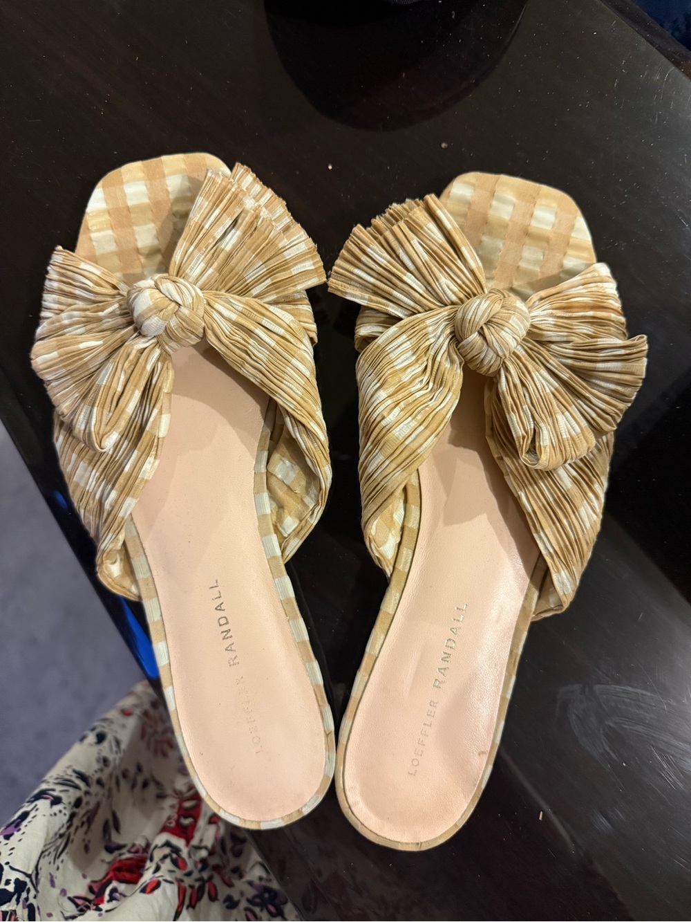Loeffler Randall Cream and Tan Bow Slide Mules